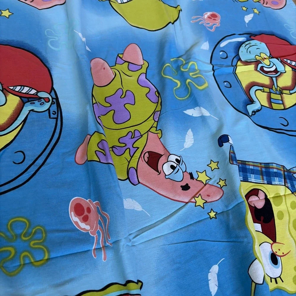 vtg Spongebob Square Pants Blue Flat Sheet Squidward Patrick Gary